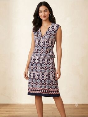 Ivanka Trump Navy and Pink Geometric Wrap Midi Dress